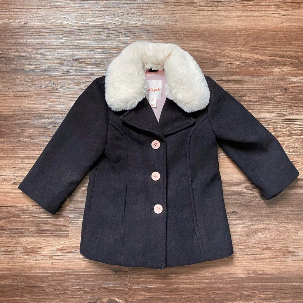 Cat & Jack Black PeaCoat with White Faux Fur Collar